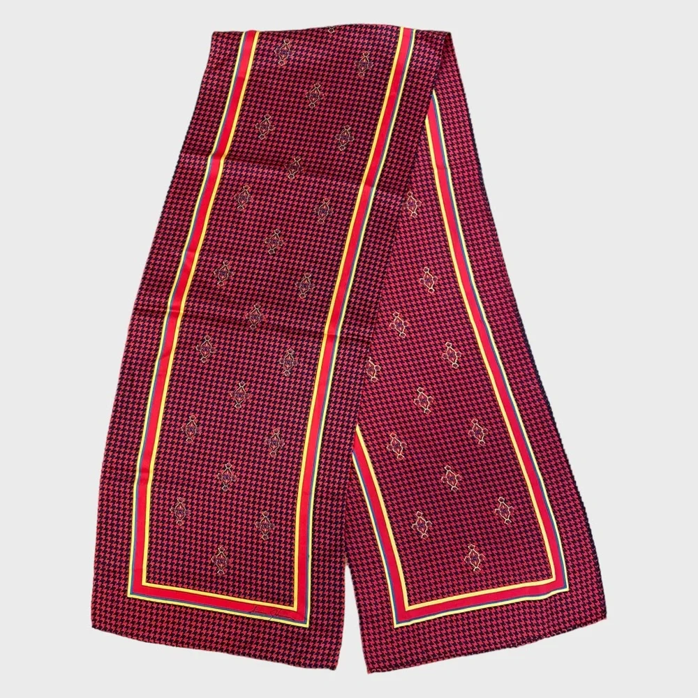 Vintage Ginnie Johansen Red Black Yellow Houndstooth Long Silk Scarf